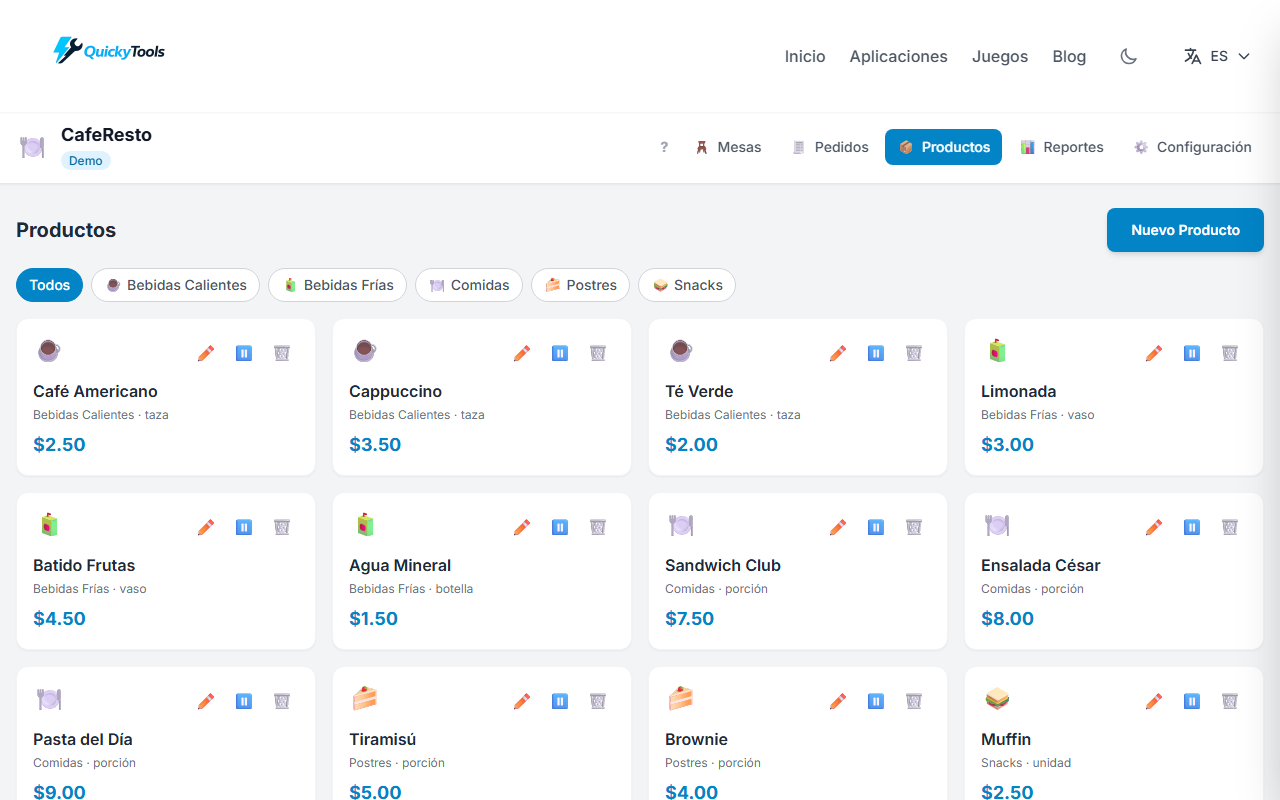 Products tab with enable/disable toggle buttons