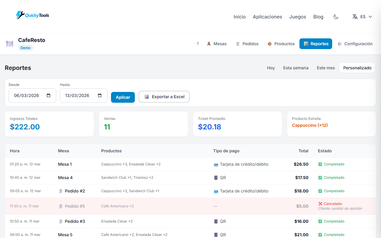 Custom date range report with export button