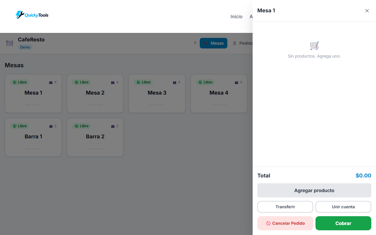 Table detail panel with active order